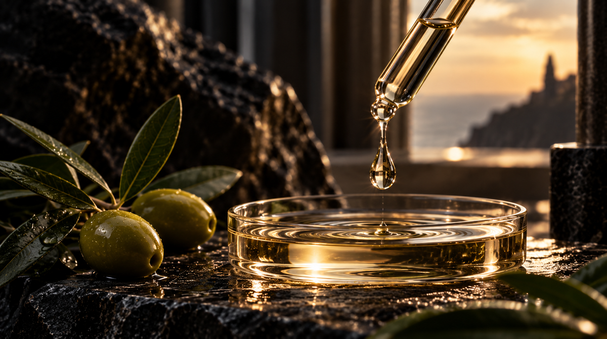 Squalane-inspired golden emollient droplets and botanical still life for GODS & KINGS Journal
