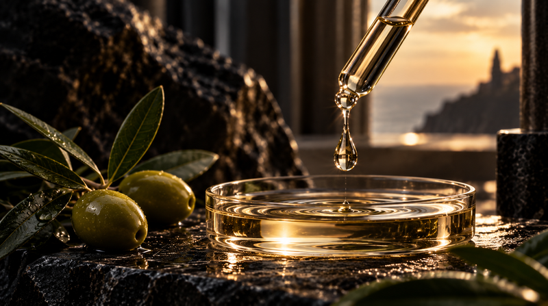 Squalane-inspired golden emollient droplets and botanical still life for GODS & KINGS Journal
