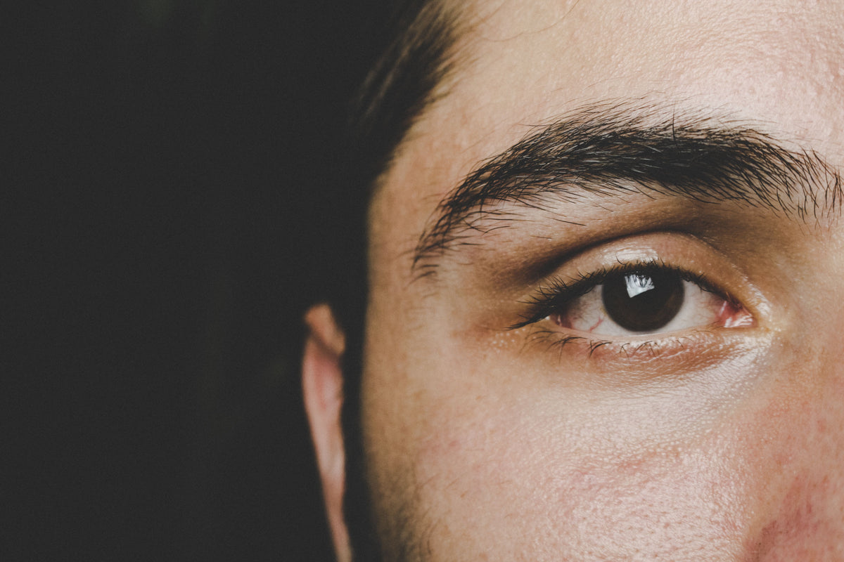 Detailed close-up of a man's eye area illustrating men's eye care